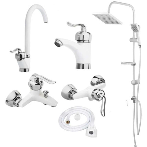 ست شیر آلات سفید کروم قاجاری عصایی همراه دوش دوکاره و شیلنگ سرویس